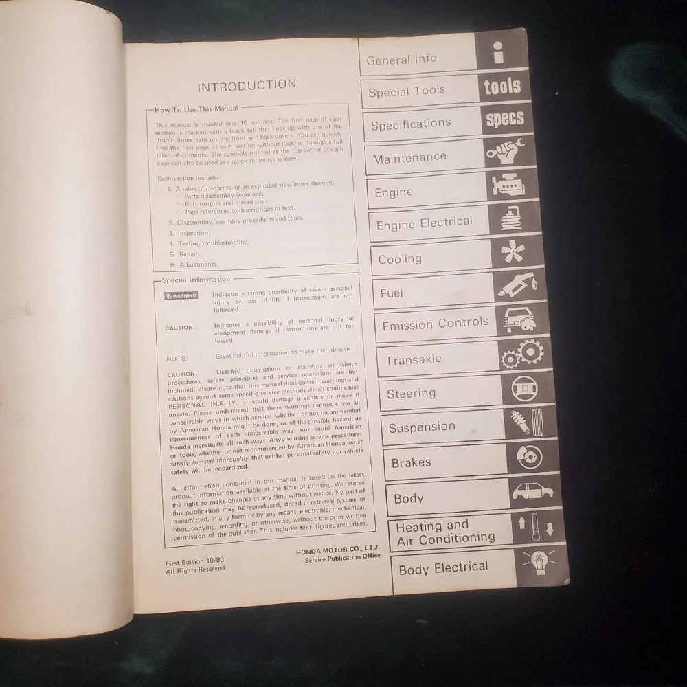 1981 Honda Prelude OEM Service Manual 6169202 Honda Motor Co.‎ Printed In Japan